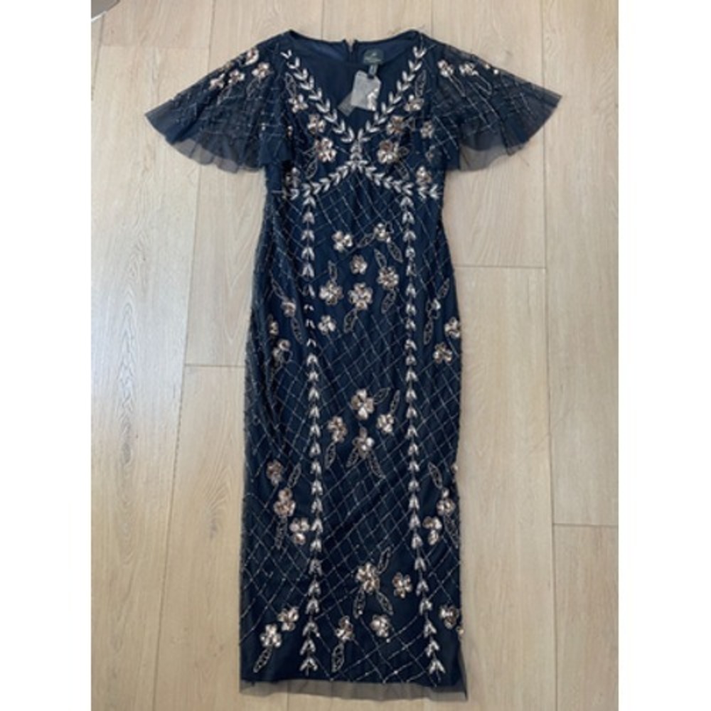 NEW Adrianna Papell Dress Womens Size 6 Blue Beaded Flutter Sleeve Midi *Flaw